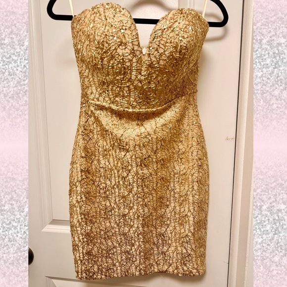 WOW couture Dresses & Skirts - Cocktail Dress-Gold Sequin and Lace Strapless Dress -WOW Couture